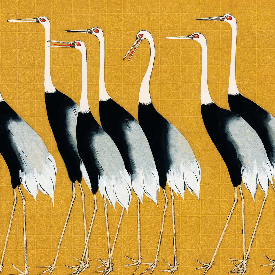 7 japanese cranes on a yellow background.
