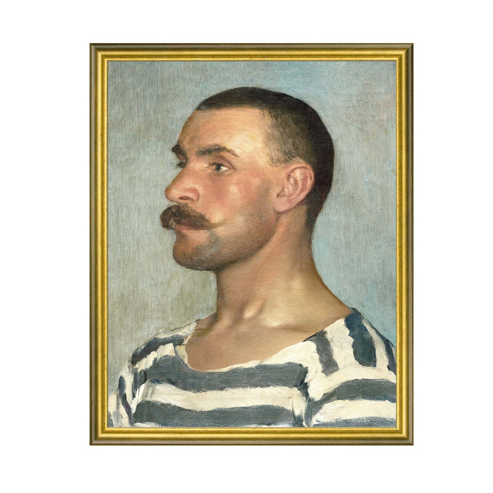 Portrait painting of a Gondolier by Dominik Skutecký, a man with a  moustache and a striped shirt