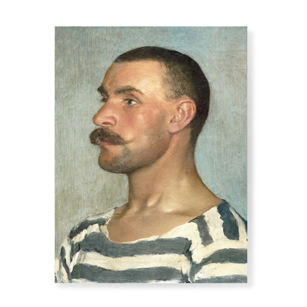 Portrait painting of a Gondolier by Dominik Skutecký, a man with a  moustache and a striped shirt
