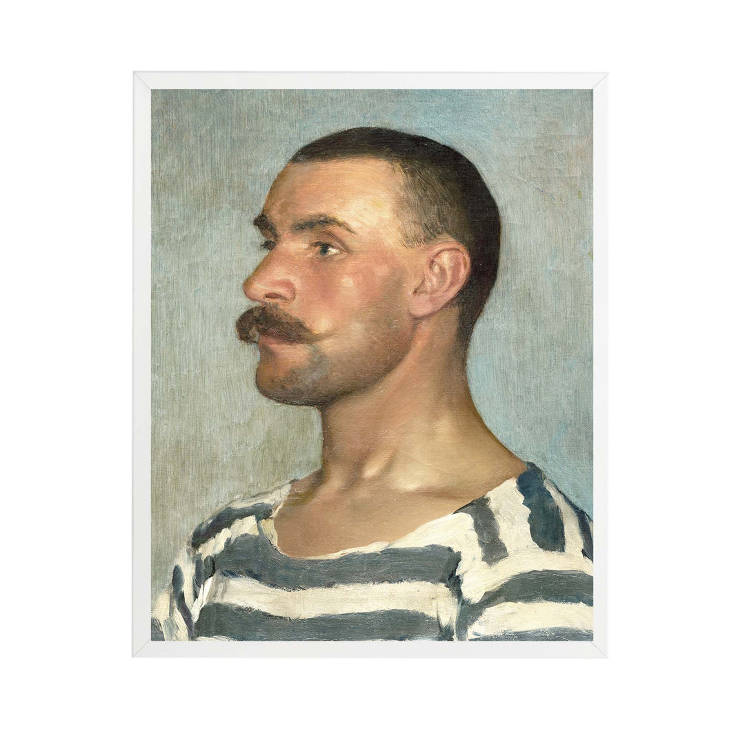 Portrait painting of a Gondolier by Dominik Skutecký, a man with a  moustache and a striped shirt