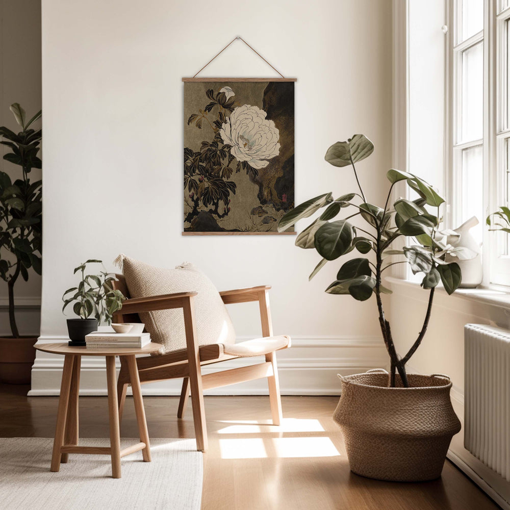 Japanese print of peonies on a dark background, painting by Shibata Zeshin