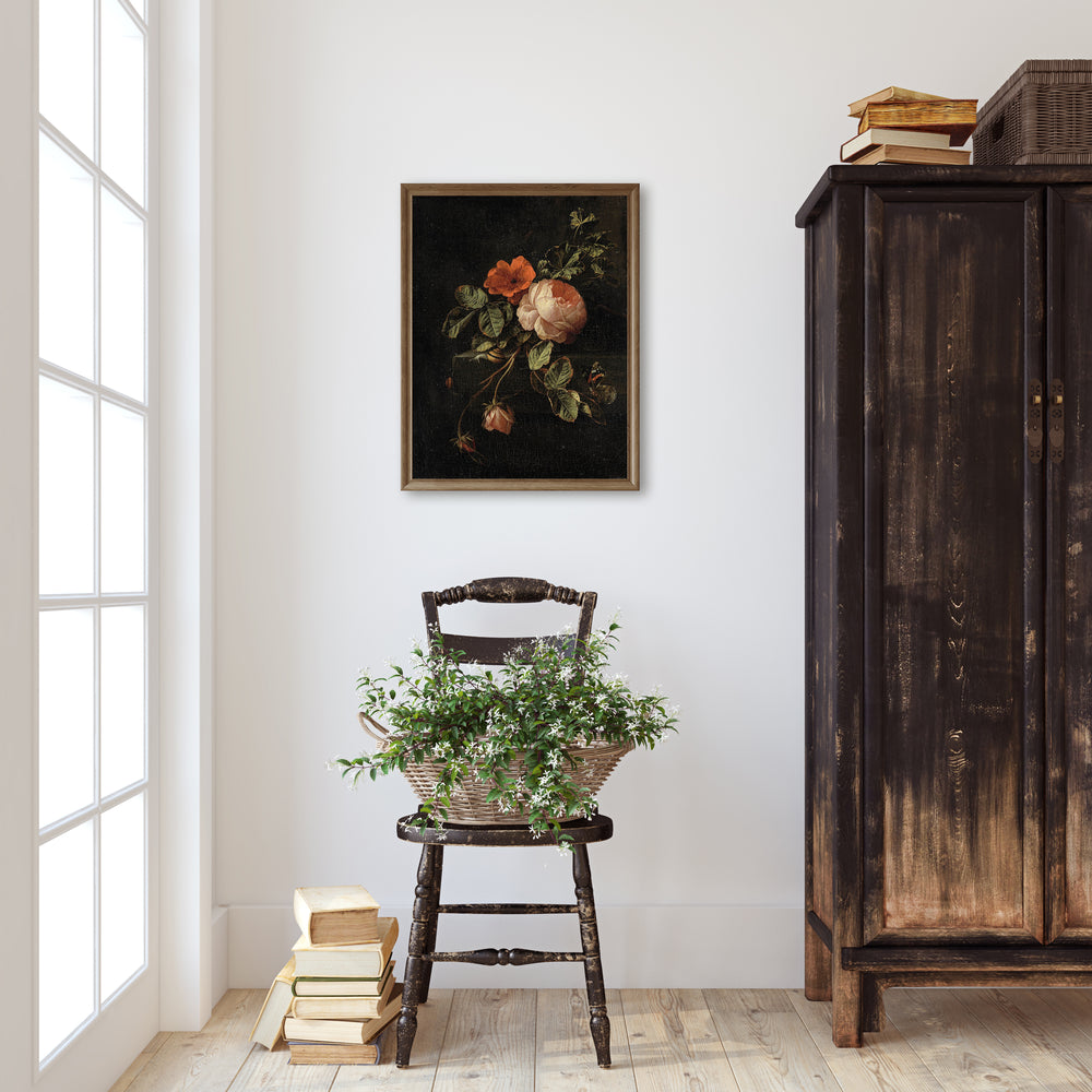 Vintage Old Dutch Masters still life floral print. Dark botanical wall hanging. A vintage painting of old Dutch Roses in shades of red and pink with a dark background