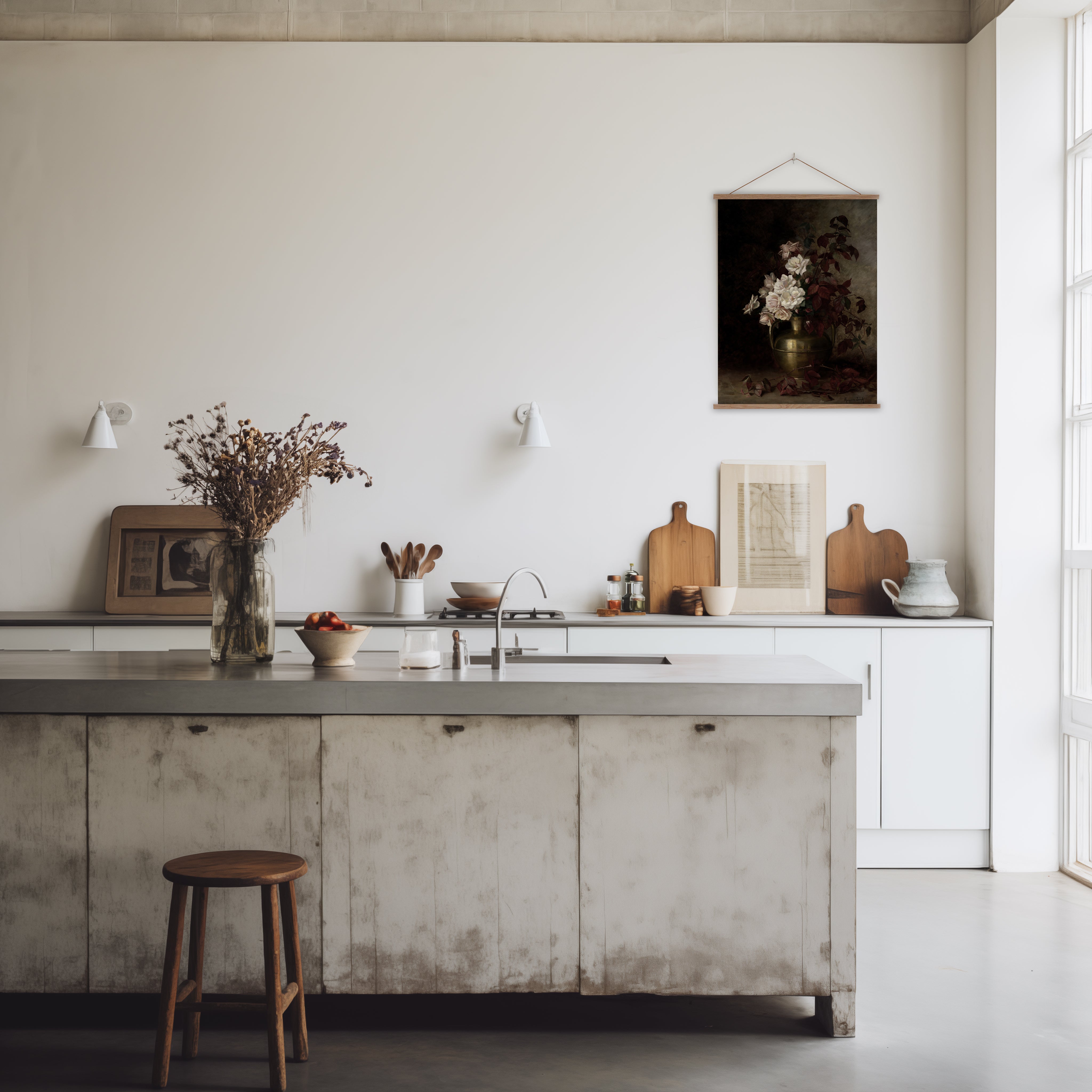 canvas wall hanging of vintage roses in a brass urn