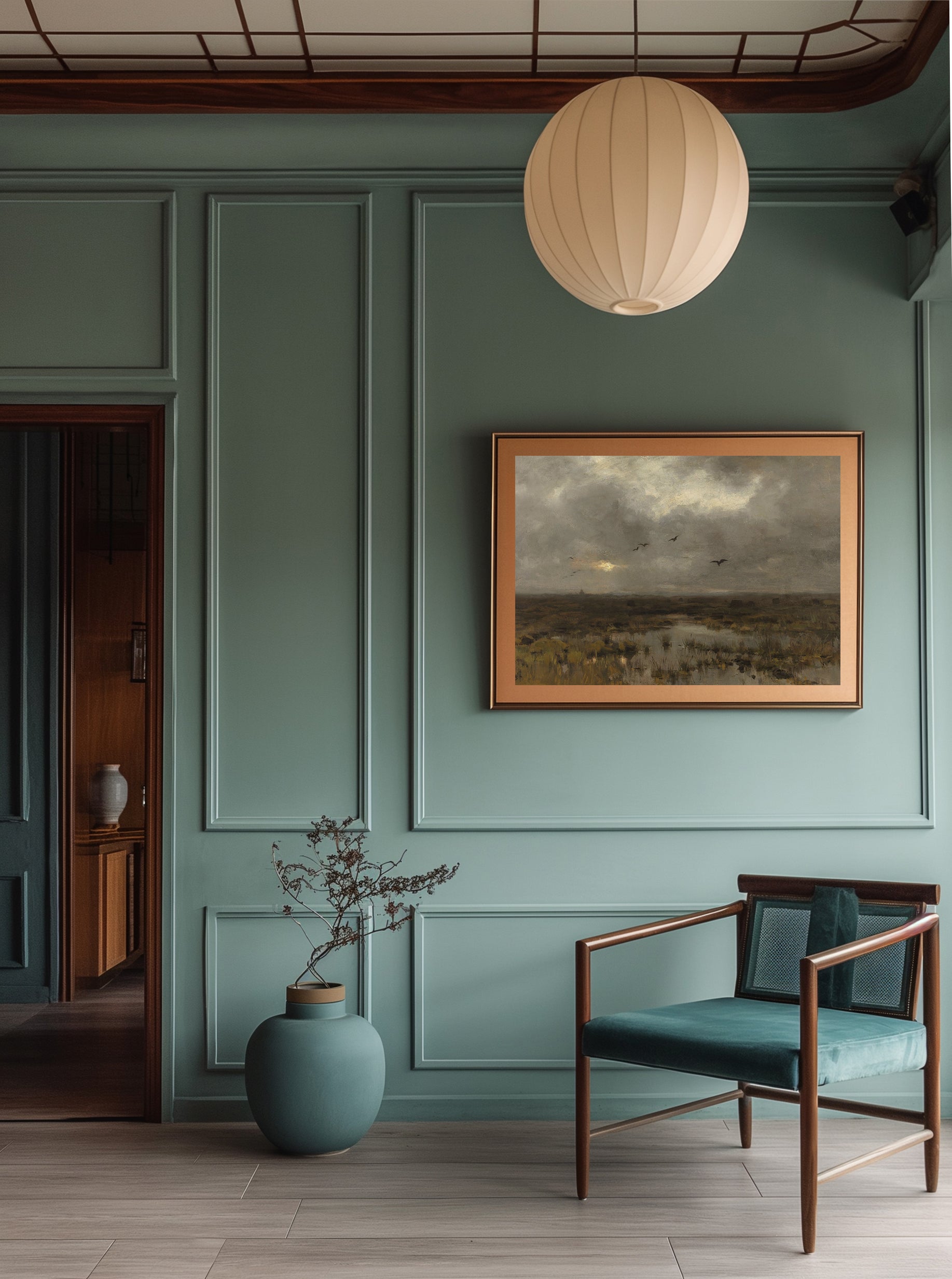 Dark and moody vintage landscape painting in an interior. 