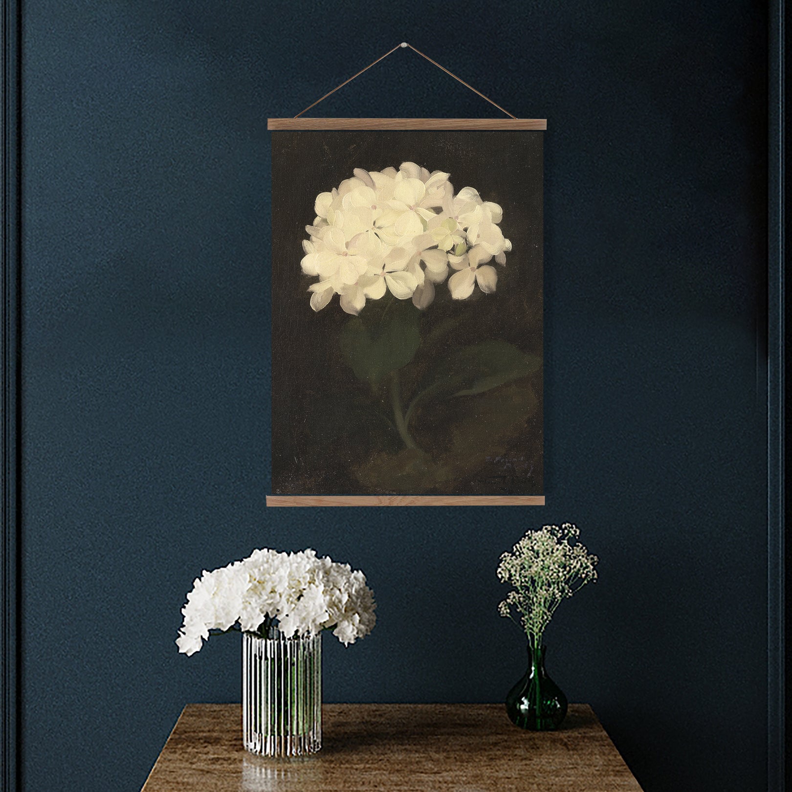 hydrangea flower on a dark background wall hanging
