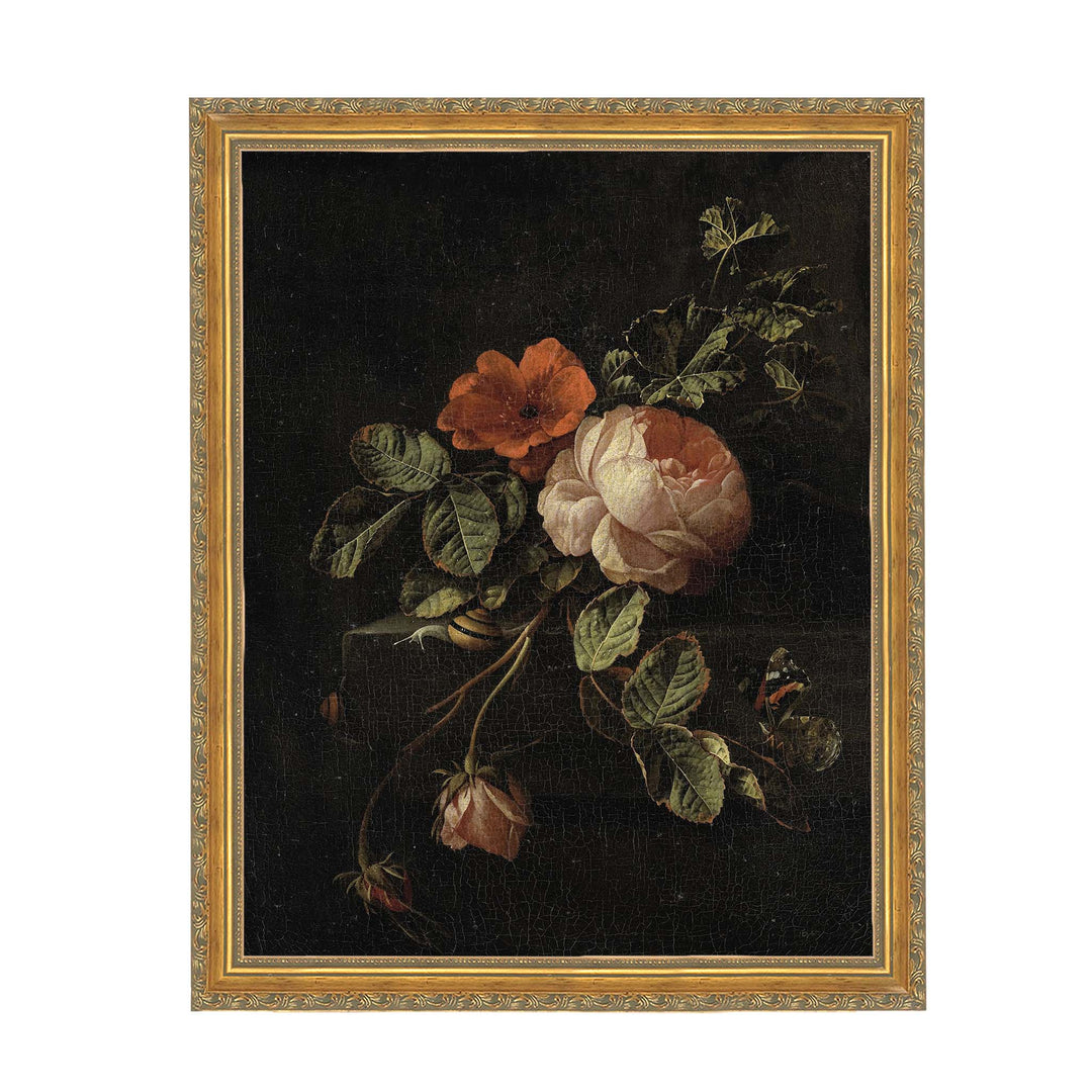 Vintage painting of red roses and a snail on a dark background with cracked paint