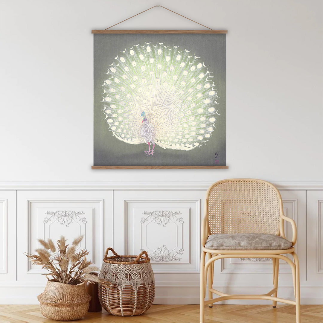 Painting of a white peacock by Ohara Koson on a grey green background