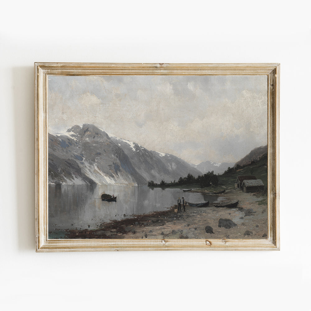 The fjord landscape painting, two men by a fjord with fishing boats - Attica Press