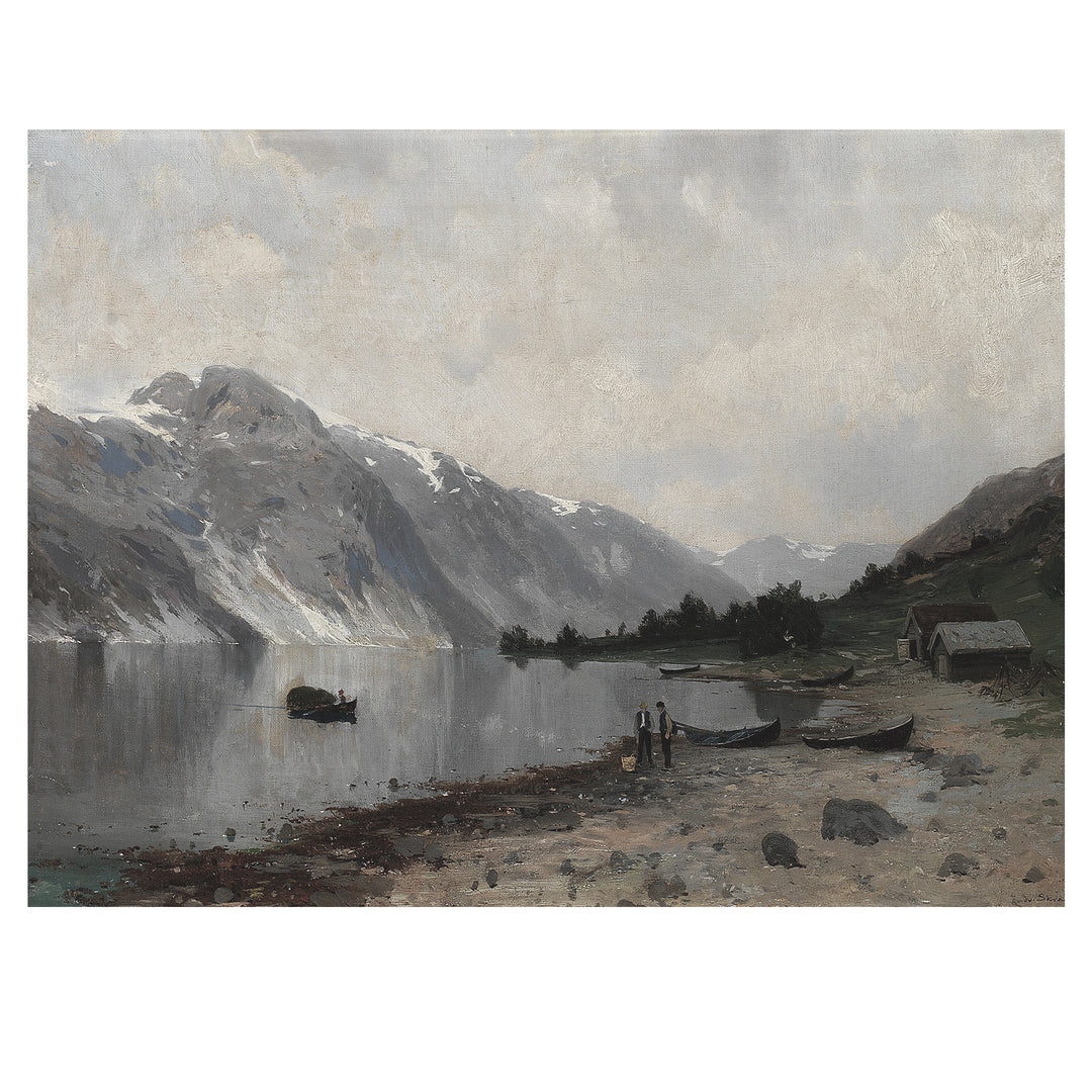 The fjord landscape painting, two men by a fjord with fishing boats - Attica Press