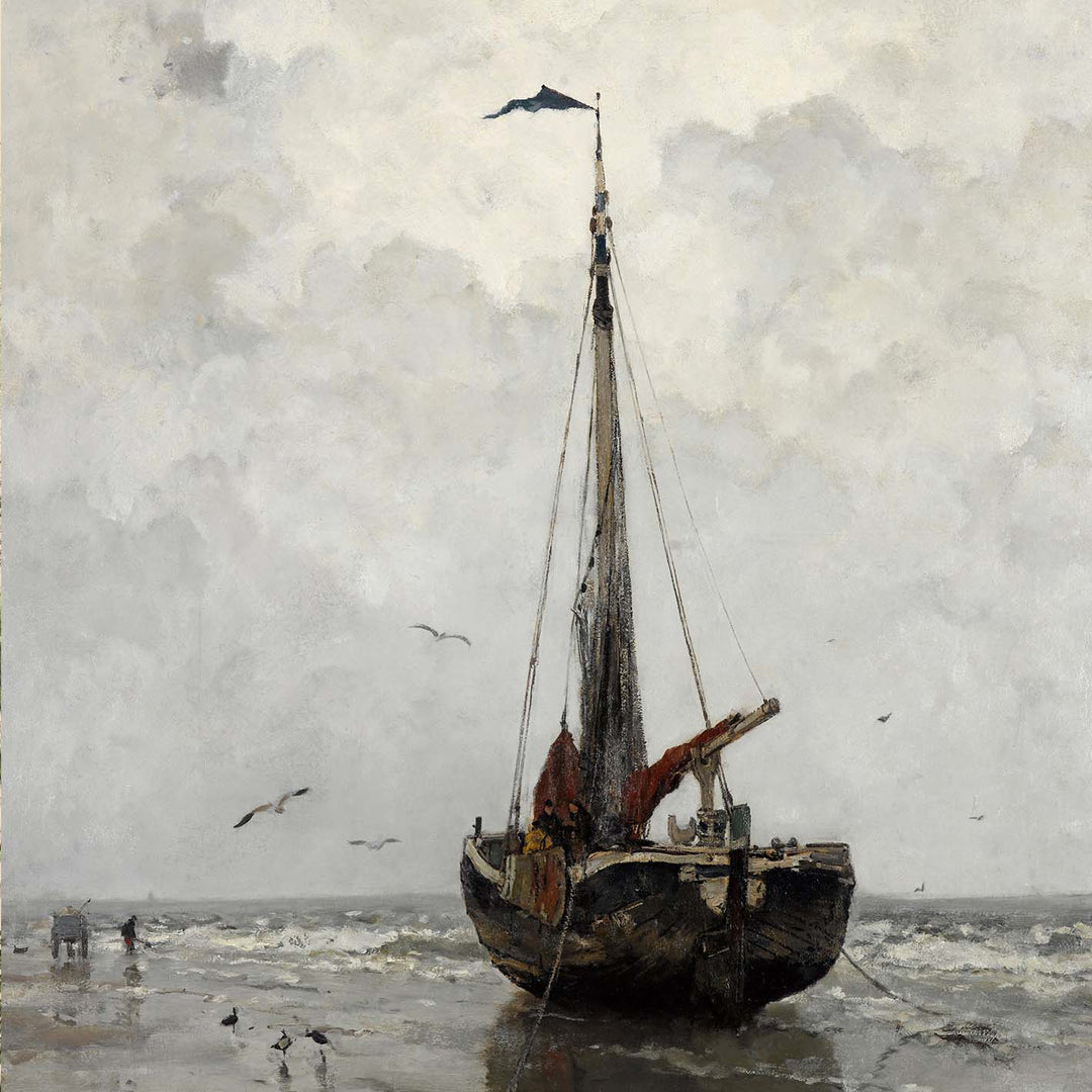 Painting of a fishing boat on the shore