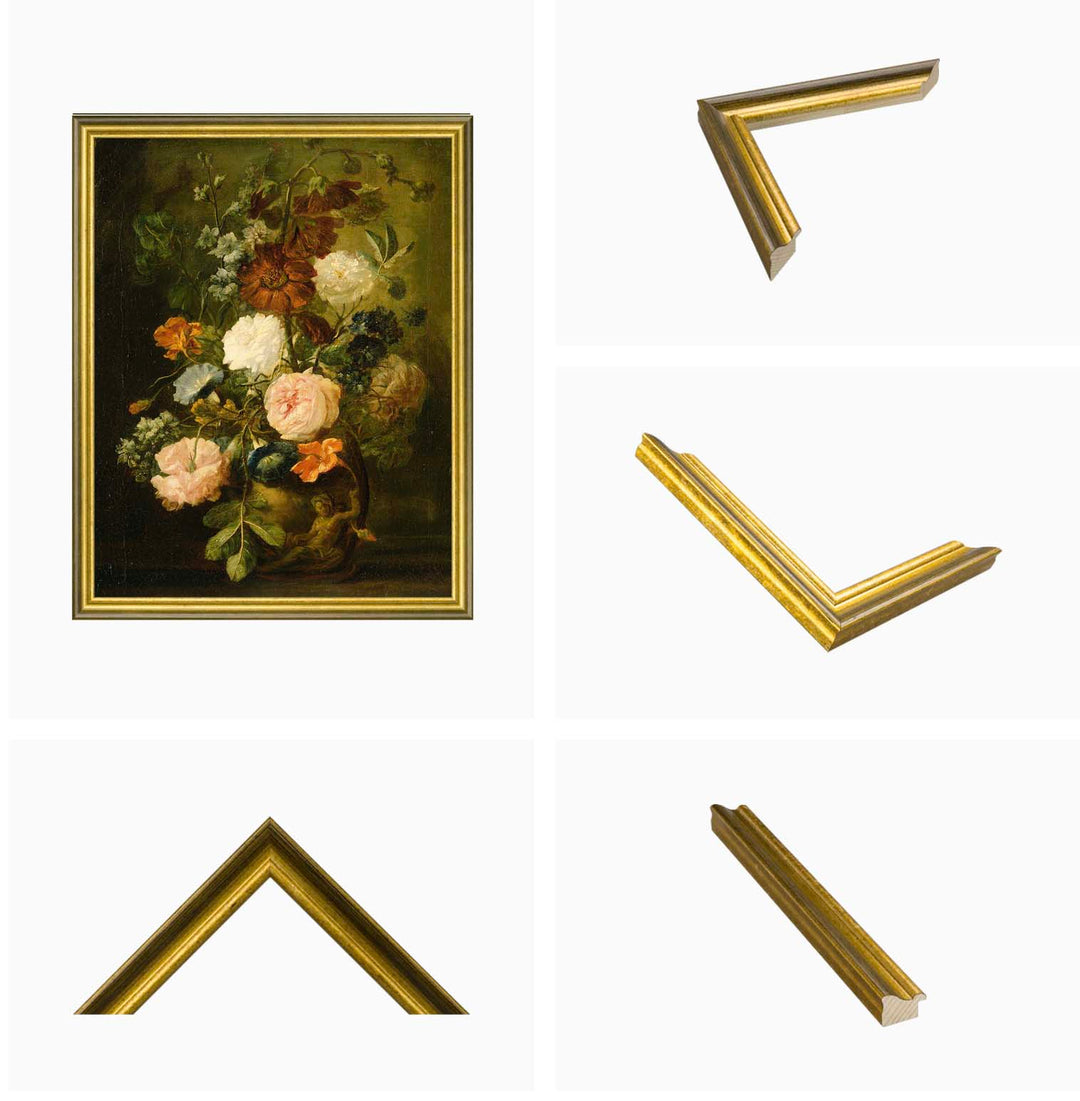 Framed vintage print of a dutch floral painting, framed with our black and gold frame