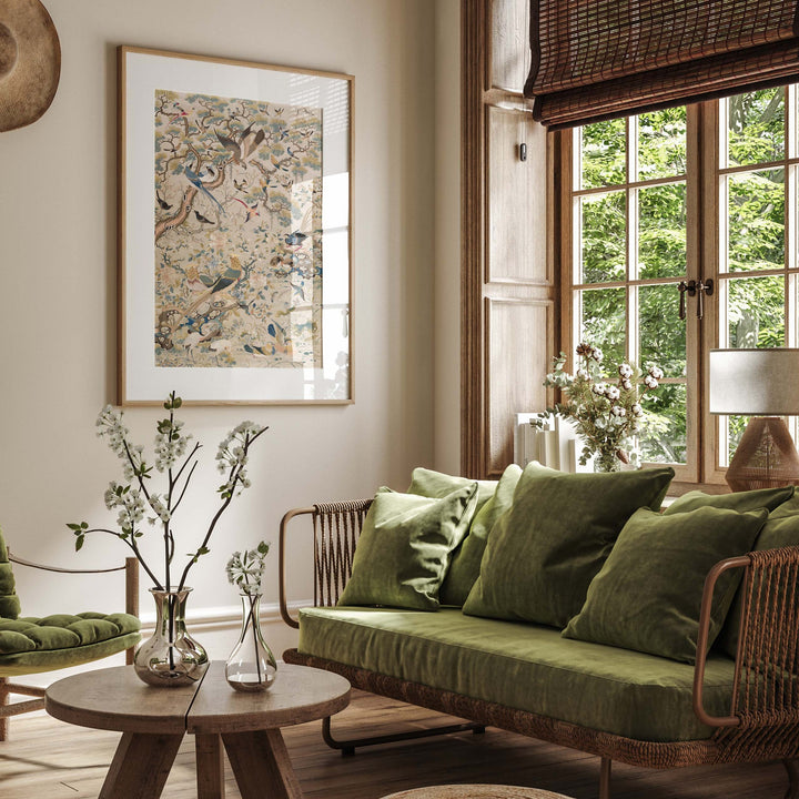 chinoiserie wall art - a print featuring an embroidered pattern of birds in branches