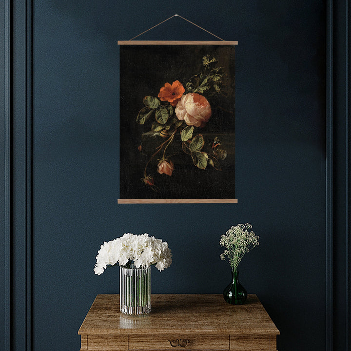 Dark botanical wall hanging. A vintage painting of old Dutch Roses in shades of red and pink with a dark background