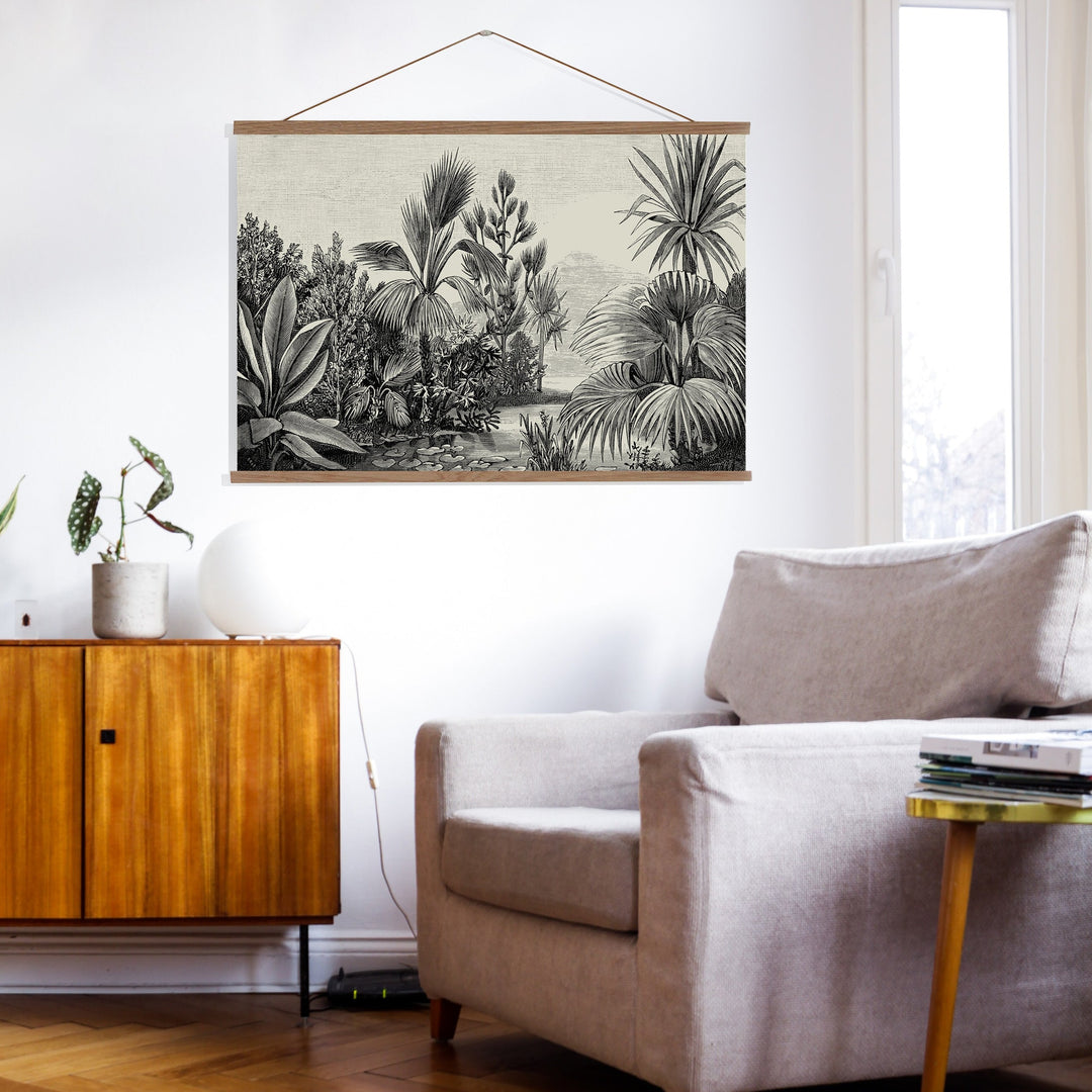 Vintage tropical wall hanging featuring a monochrome jungle scene