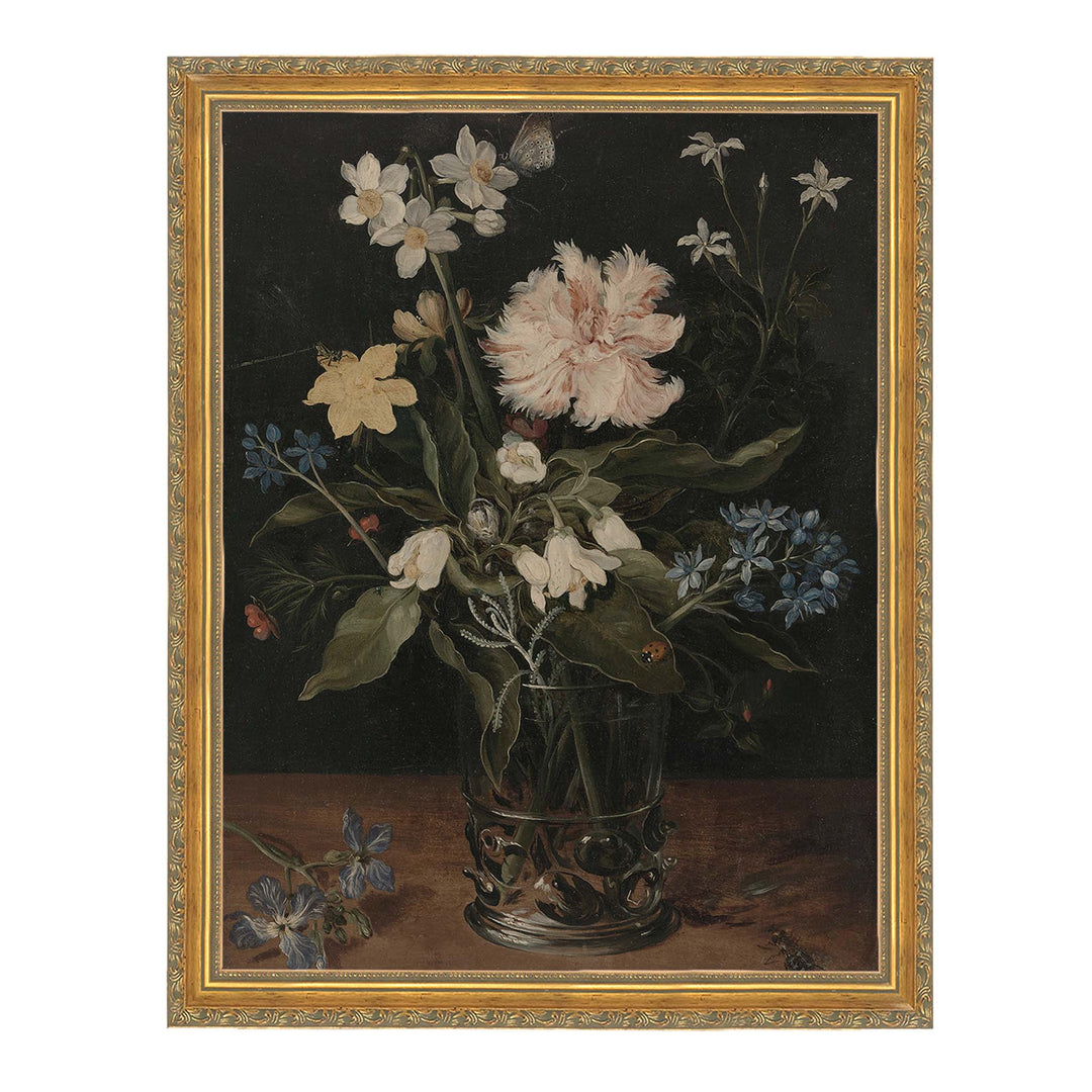 Still Life with Flowers in a Glass by Jan Brueghel the Younger.  A vintage flowal still life painting of flowers in a vase - Attica Press
Jan Brueghel the Younger painting of flowers in a vase, dark and moody vintage still life painting