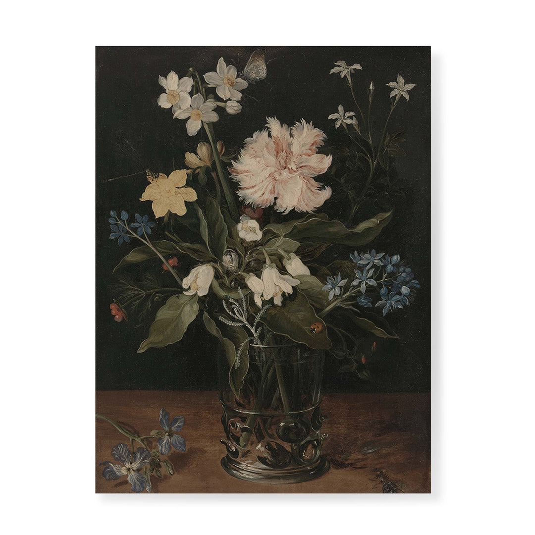 Still Life with Flowers in a Glass by Jan Brueghel the Younger.  A vintage flowal still life painting of flowers in a vase - Attica Press
Jan Brueghel the Younger painting of flowers in a vase, dark and moody vintage still life painting