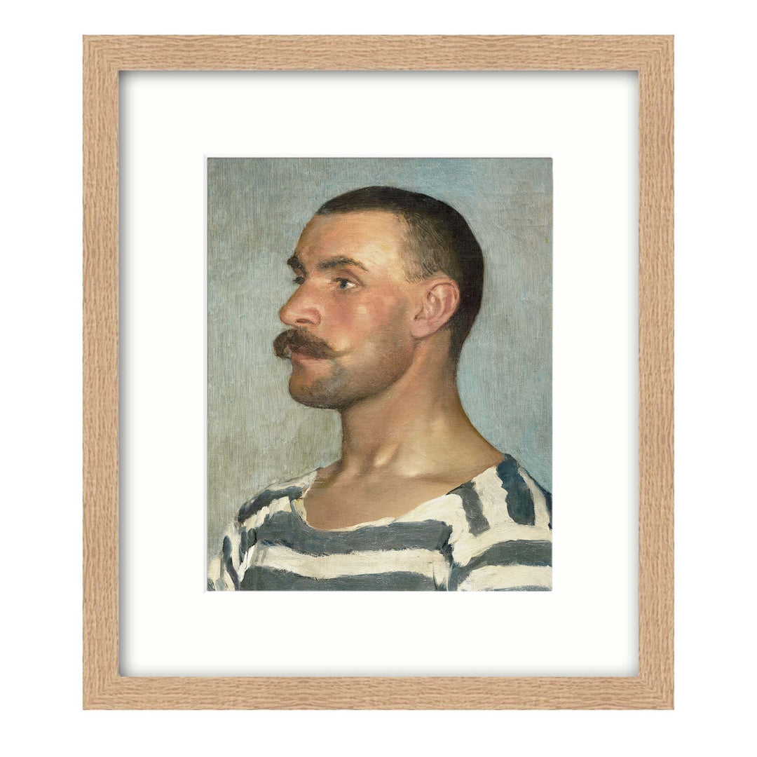 Portrait painting of a Gondolier by Dominik Skutecký, a man with a  moustache and a striped shirt
