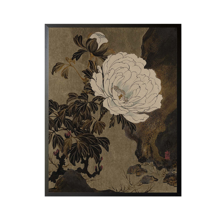Japanese print of peonies on a dark background, painting by Shibata Zeshin