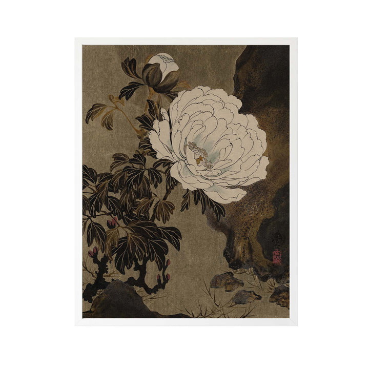 Japanese print of peonies on a dark background, painting by Shibata Zeshin