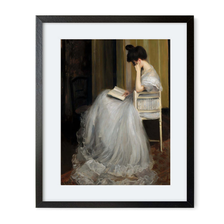 A vintage portrait painting of a woman in a white gown reading a book. 