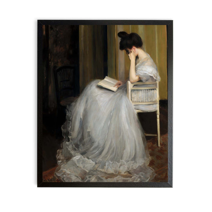 A vintage portrait painting of a woman in a white gown reading a book. 