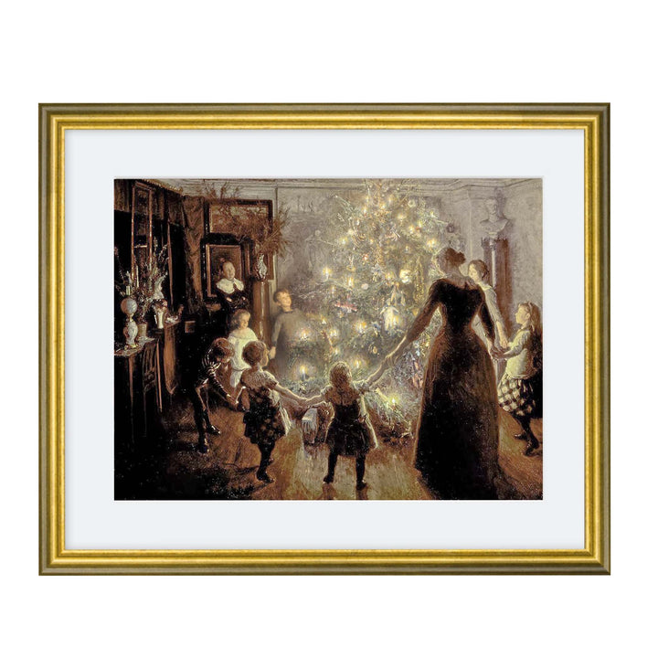 Painting of adults and children holding hands around a christmas tree with their faces glowing in the candle light