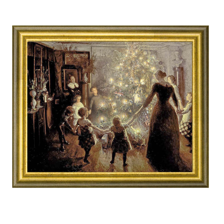 Painting of adults and children holding hands around a christmas tree with their faces glowing in the candle light