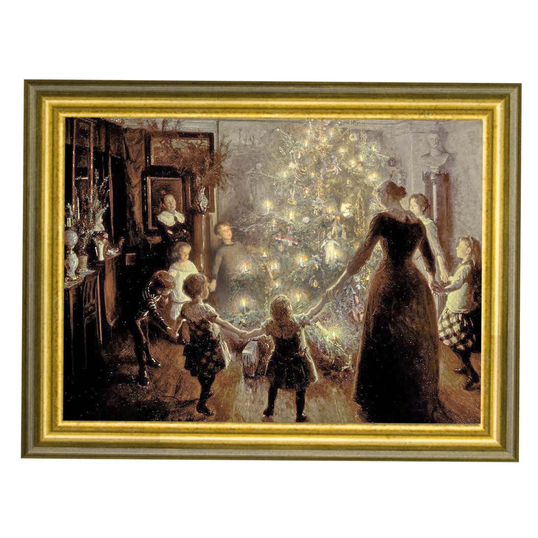 Painting of adults and children holding hands around a christmas tree with their faces glowing in the candle light