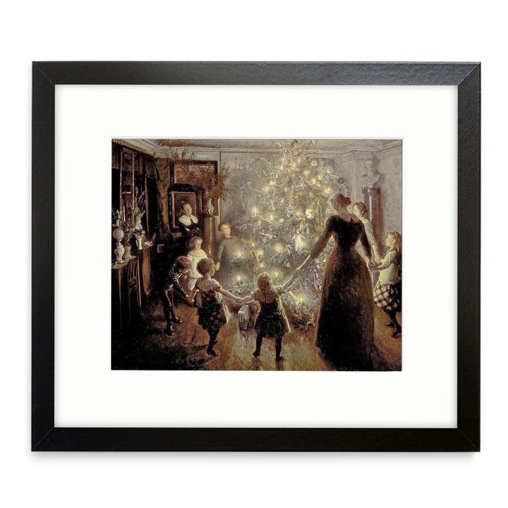 Painting of adults and children holding hands around a christmas tree with their faces glowing in the candle light