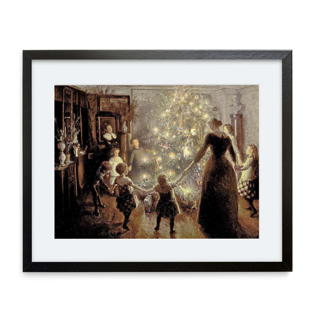 Painting of adults and children holding hands around a christmas tree with their faces glowing in the candle light