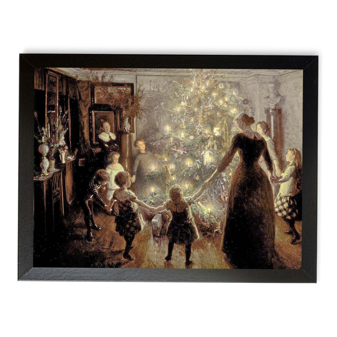 Painting of adults and children holding hands around a christmas tree with their faces glowing in the candle light