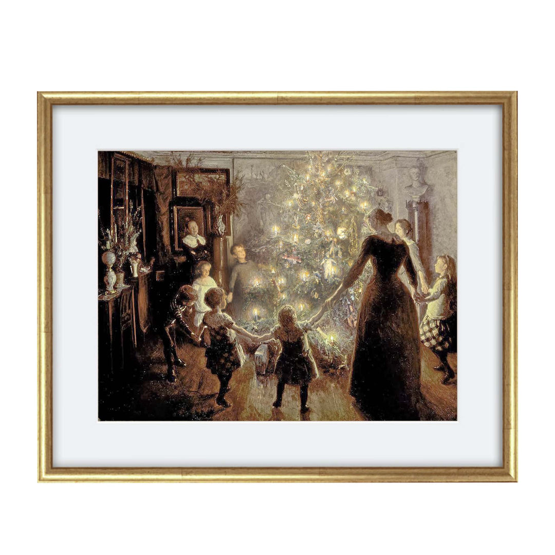 Painting of adults and children holding hands around a christmas tree with their faces glowing in the candle light