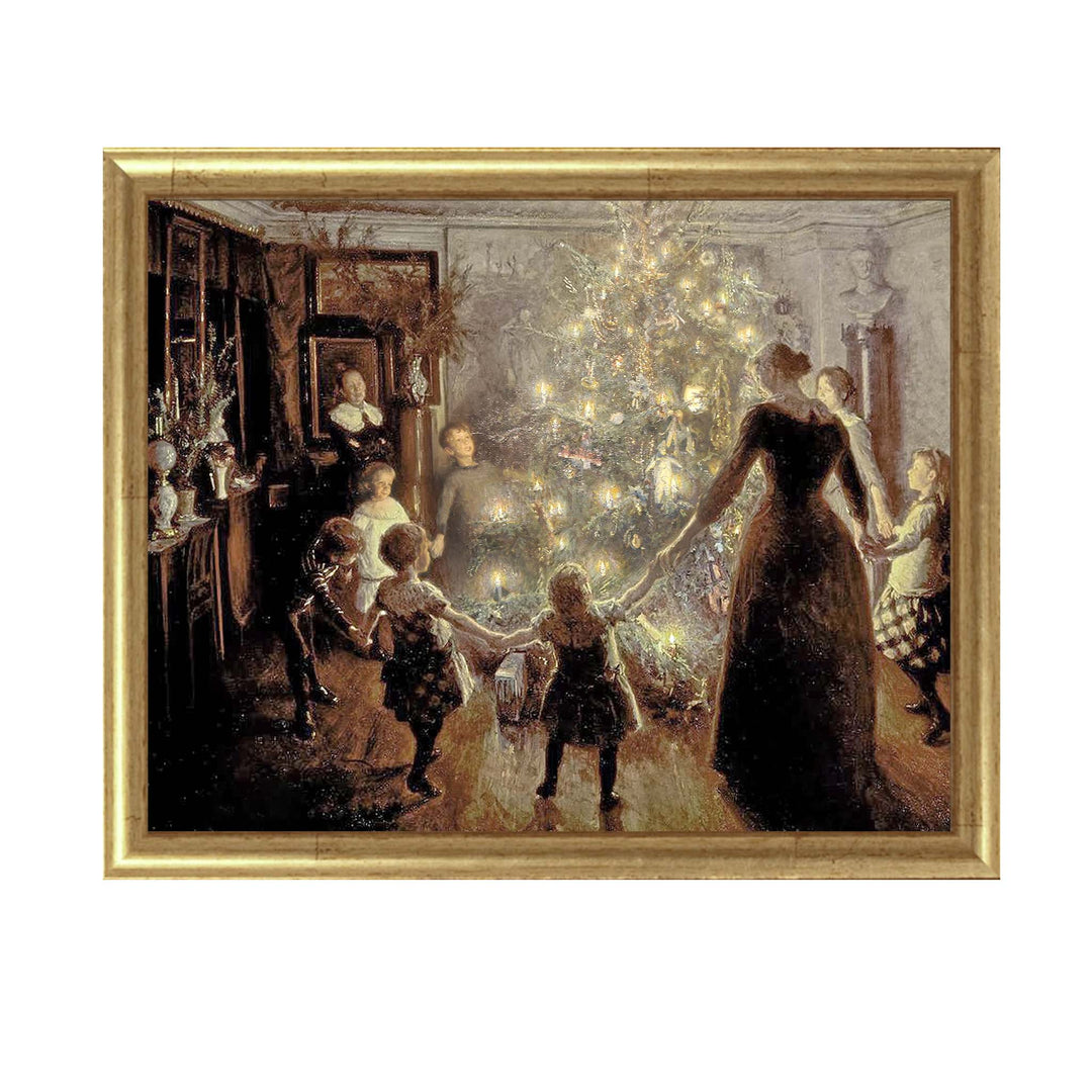 Painting of adults and children holding hands around a christmas tree with their faces glowing in the candle light