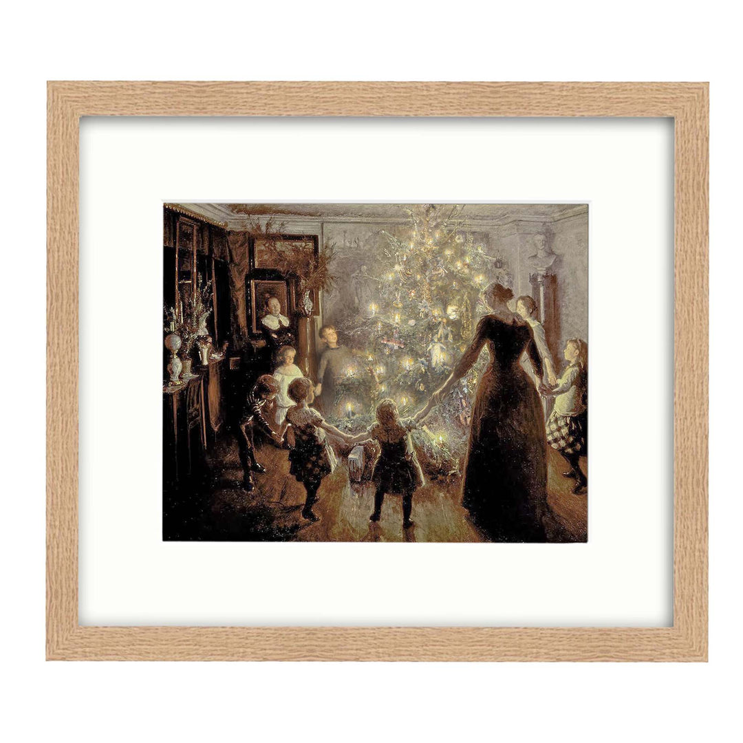 Painting of adults and children holding hands around a christmas tree with their faces glowing in the candle light