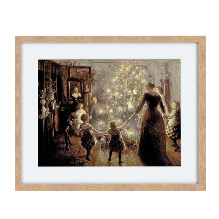 Painting of adults and children holding hands around a christmas tree with their faces glowing in the candle light