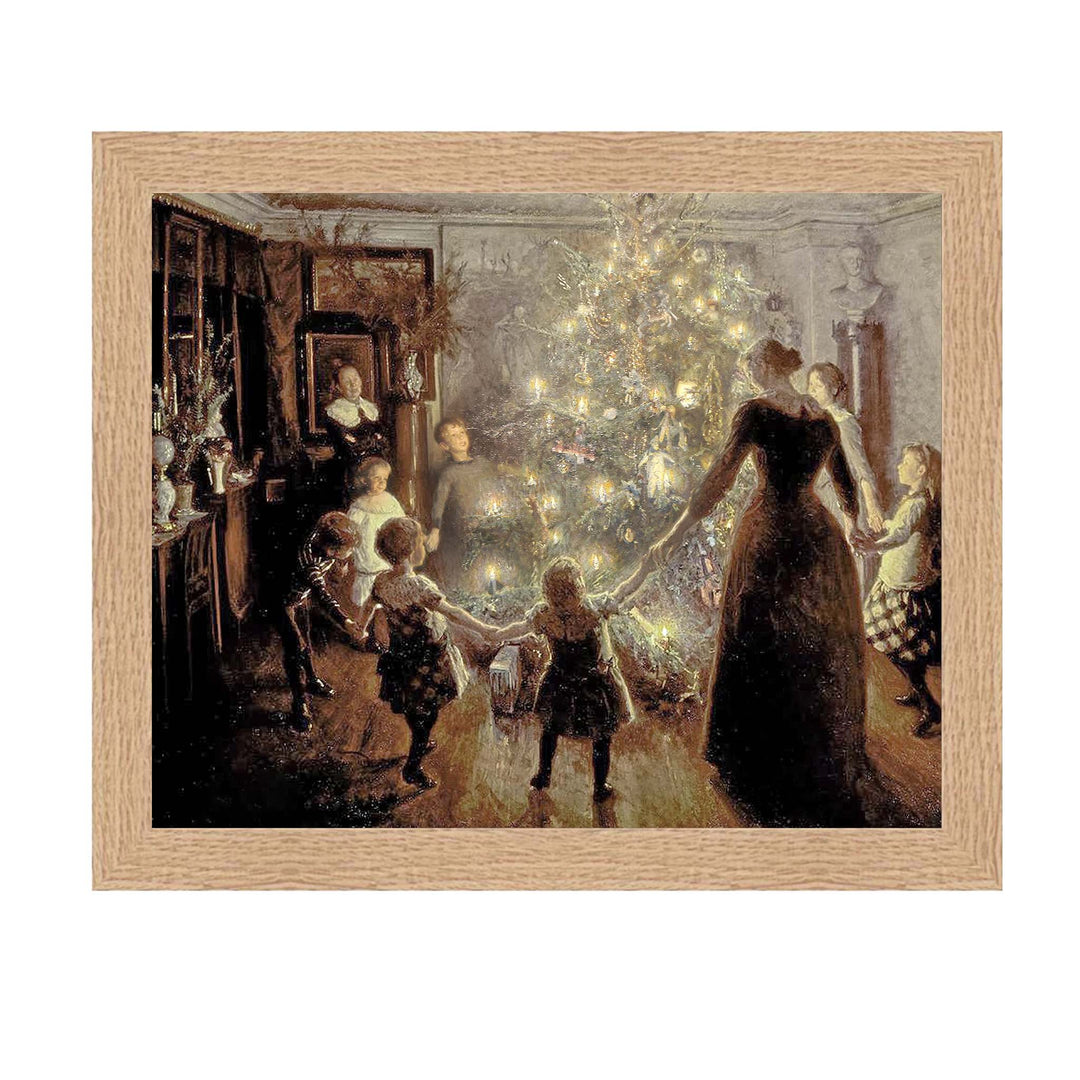 Painting of adults and children holding hands around a christmas tree with their faces glowing in the candle light