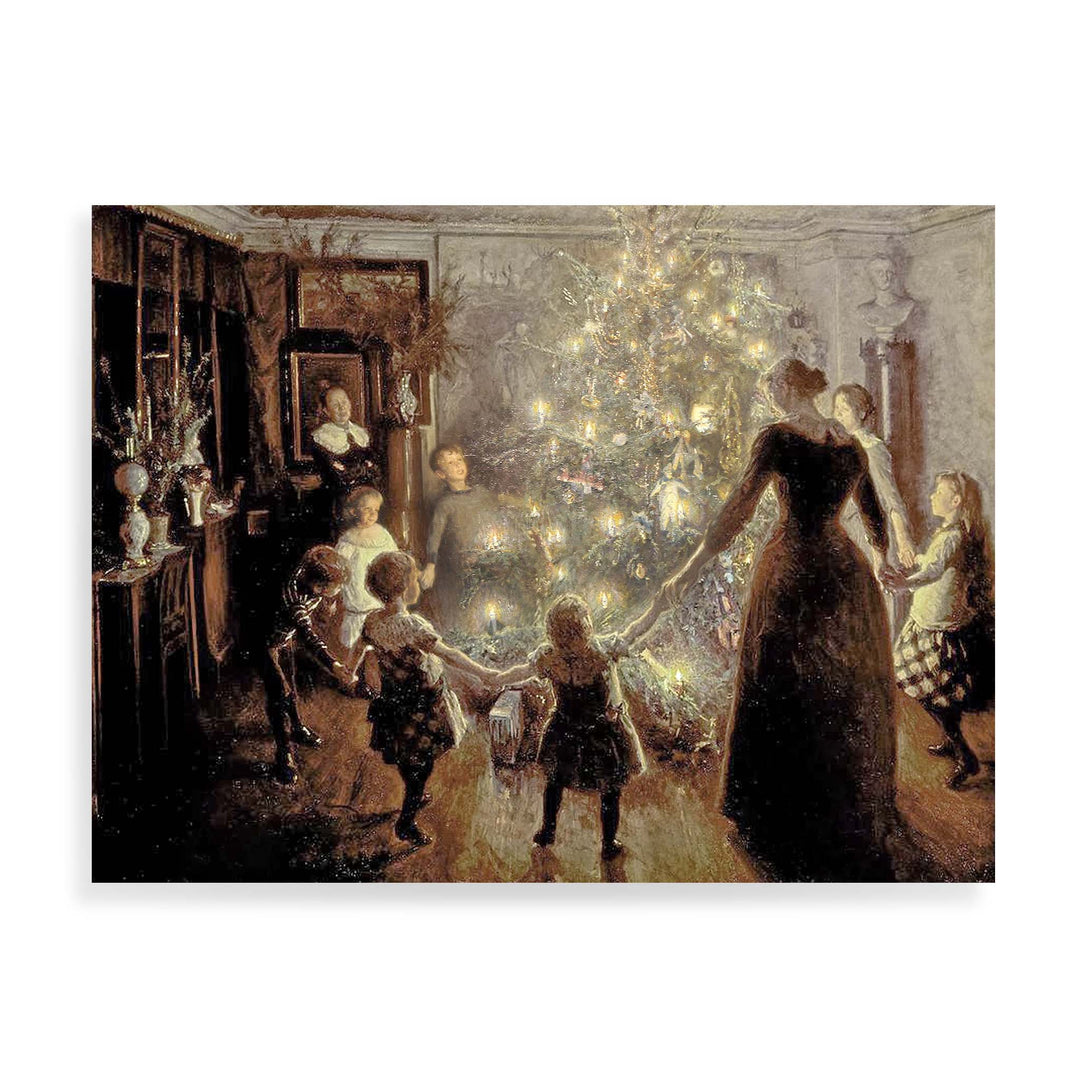 Painting of adults and children holding hands around a christmas tree with their faces glowing in the candle light