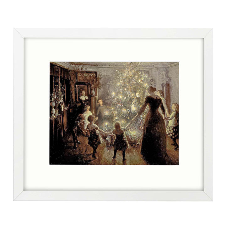 Painting of adults and children holding hands around a christmas tree with their faces glowing in the candle light