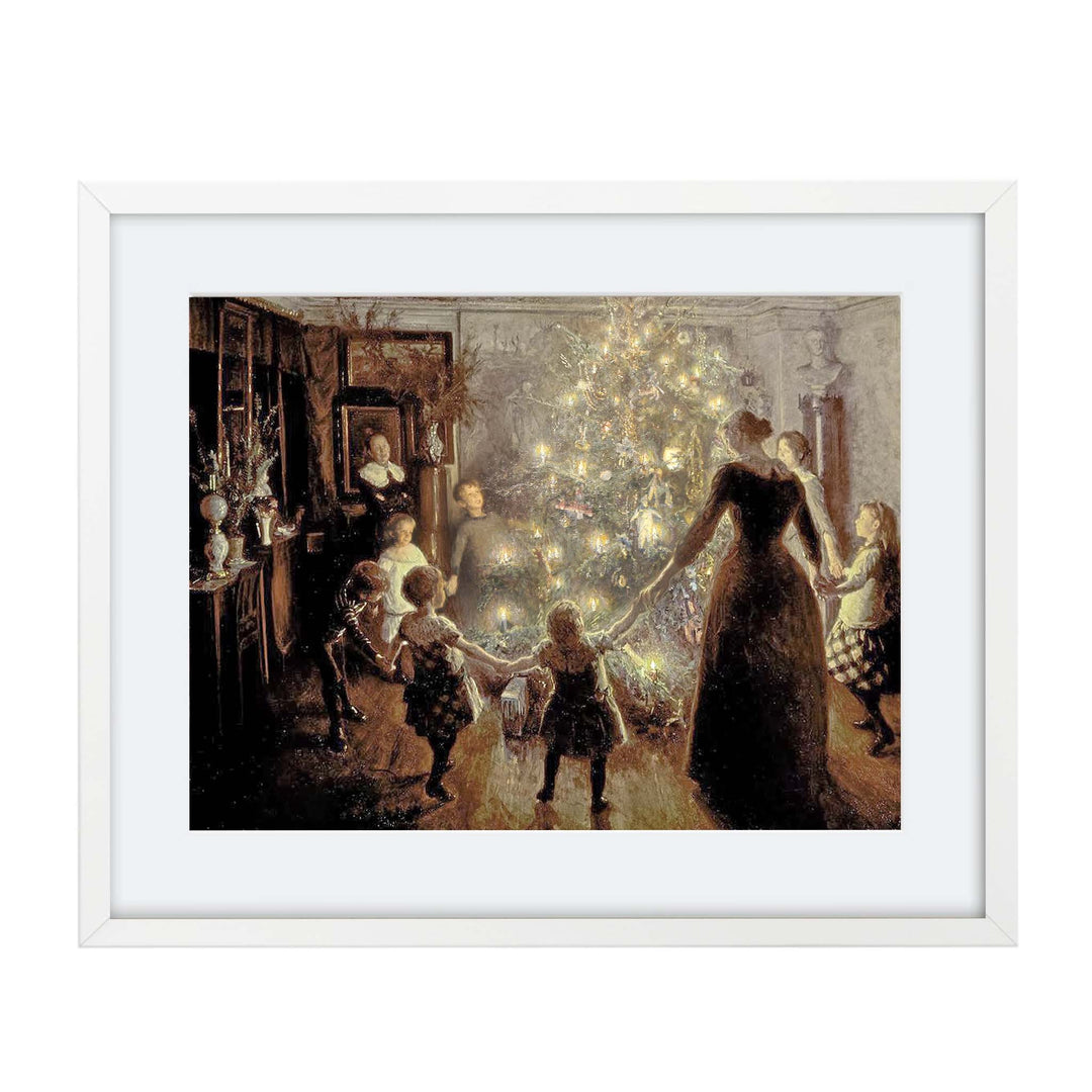 Painting of adults and children holding hands around a christmas tree with their faces glowing in the candle light