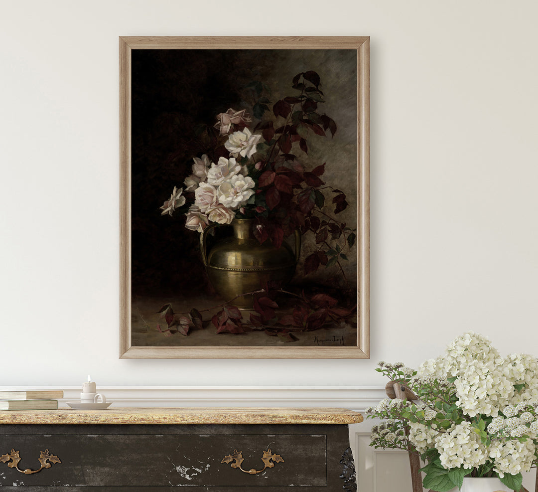 vintage oil painting of roses in a brass urn,vintage bouquet of flowers, Attica Press