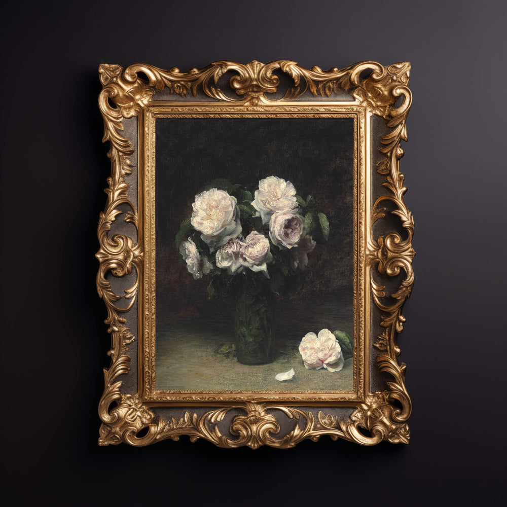 Rose oil painting in an ornate gold frame