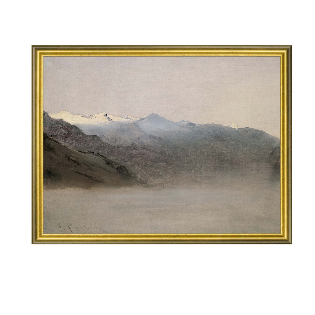 Mountain Landscape painting featuring snow capped countains in fog by Attica Press