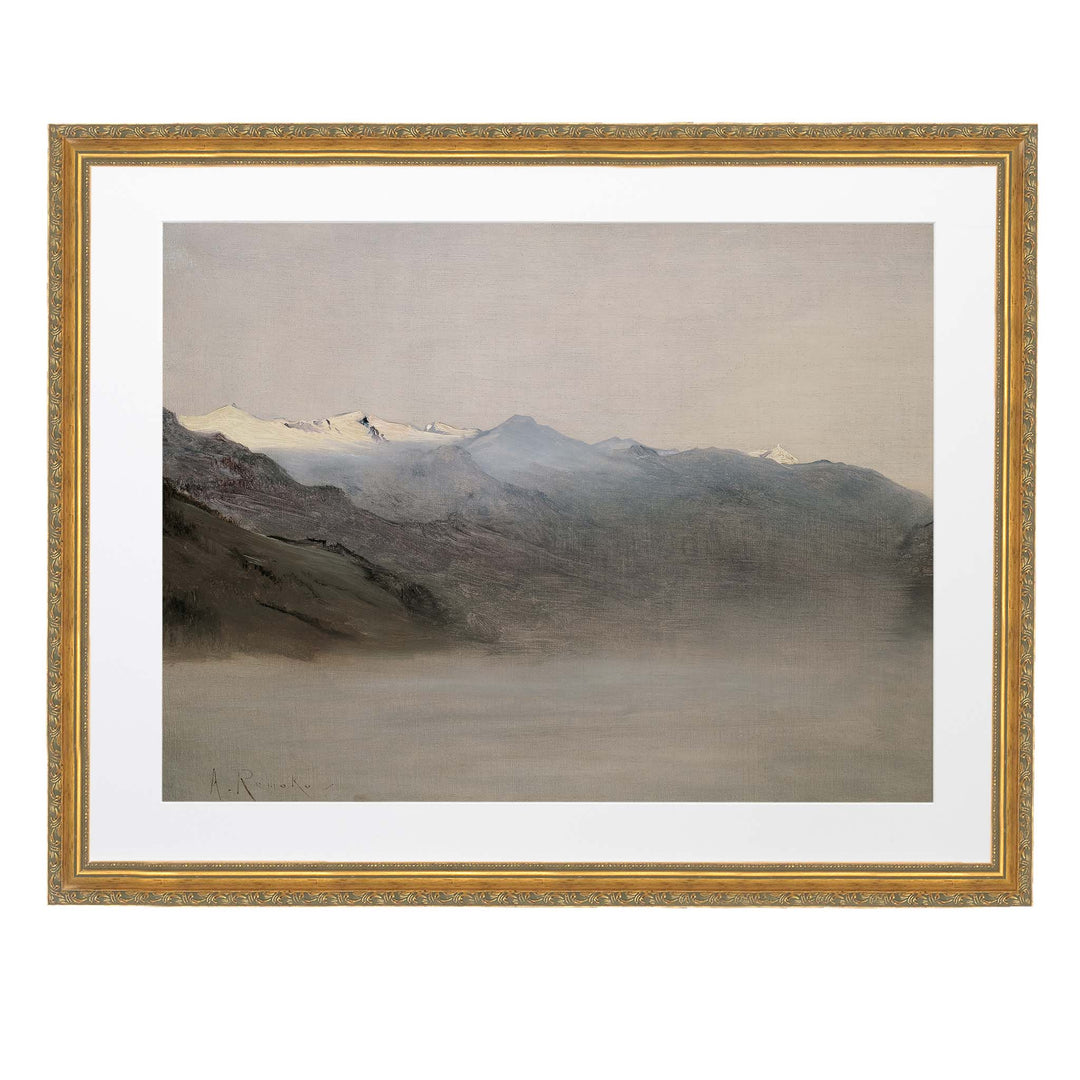 Mountain Landscape painting featuring snow capped countains in fog by Attica Press