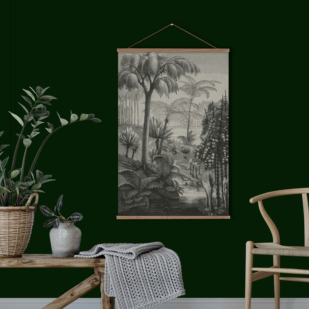 Black and white tropical print featuring a vintage etching of a swamp with palm trees and vegetation