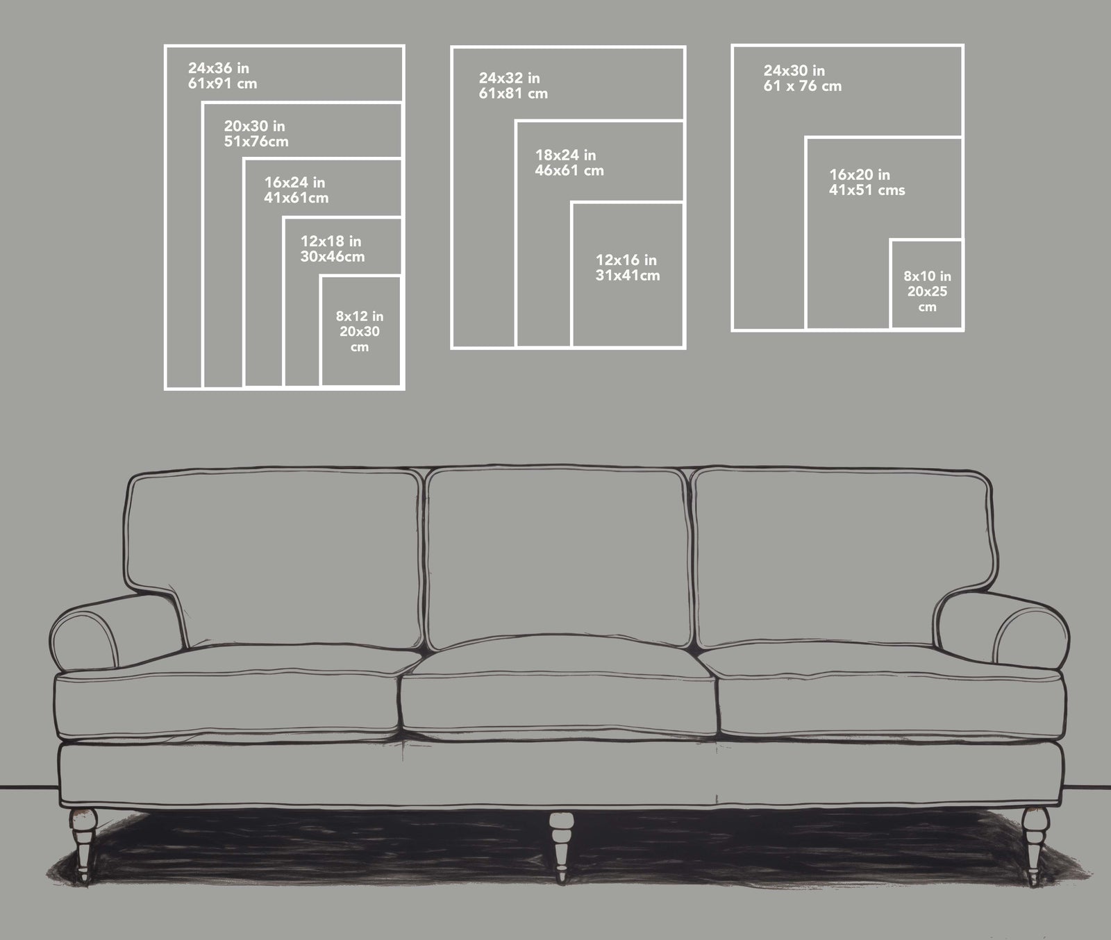 This image gives you an idea of how large your print will look compared to an average three seater sofa
