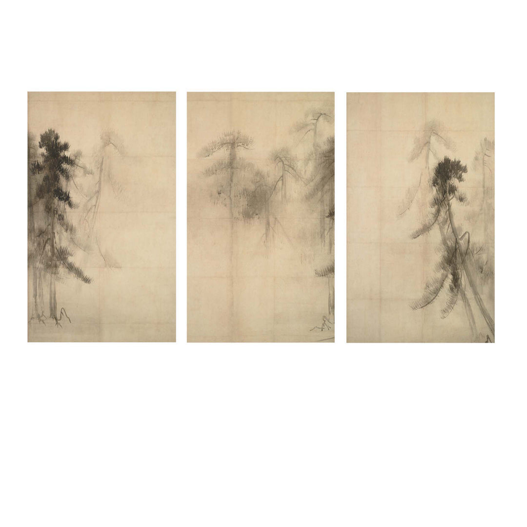 Set of three pine trees in the mist, painting adapted from Hasegawa Tōhaku’s Pine Trees