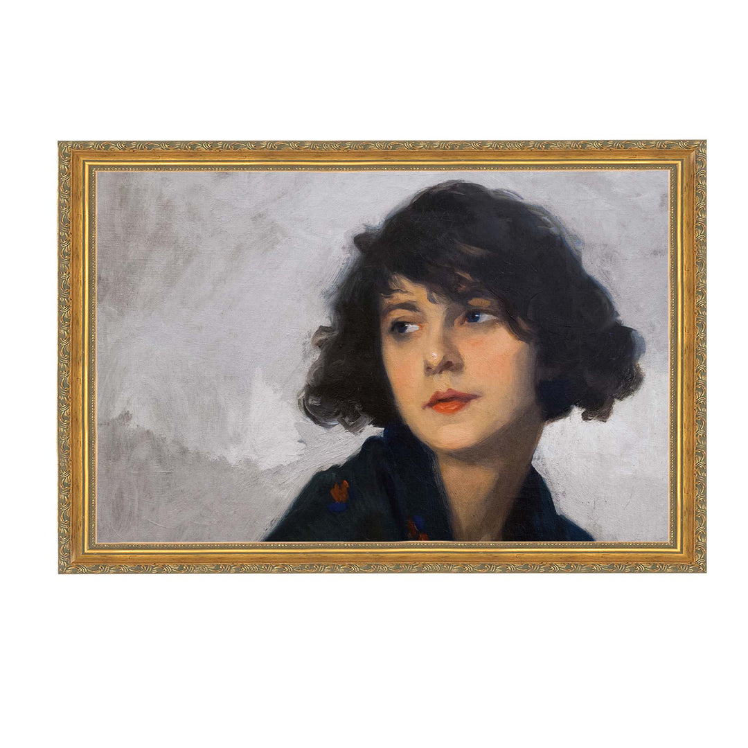 Vintage portrait painting of a woman with dark hair and red lipstick looking to one side with a grey background. 