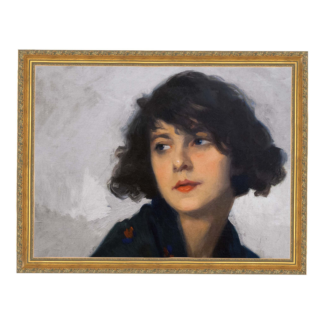 Vintage portrait painting of a woman with dark hair and red lipstick looking to one side with a grey background. 