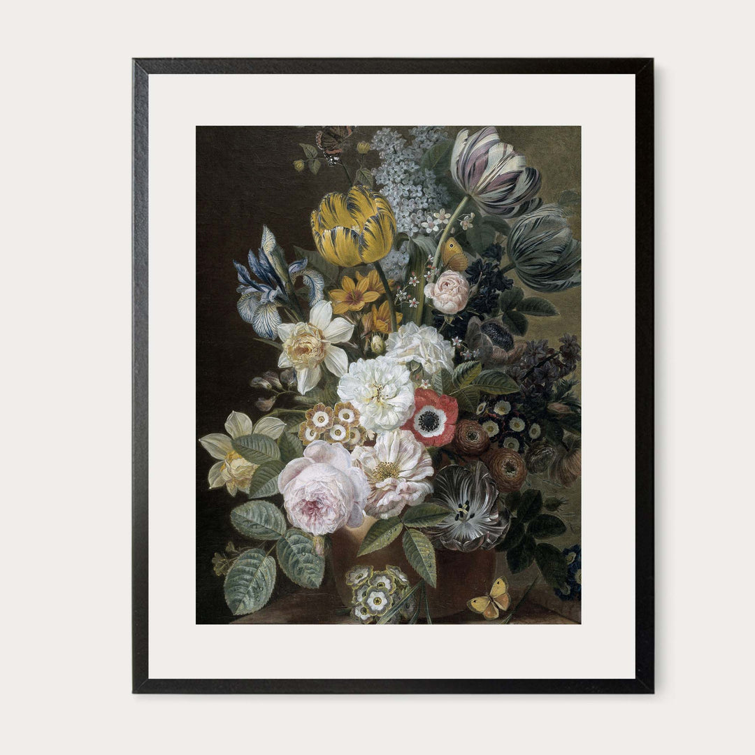 Vintage still life flower painting of roses, primroses, tulips on a dark background, vintage framed print