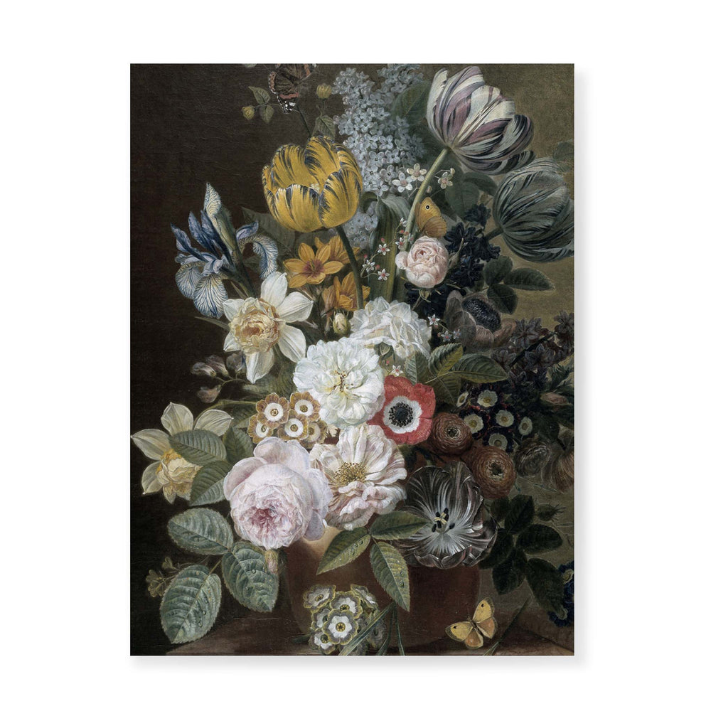 Vintage still life flower painting of roses, primroses, tulips on a dark background
